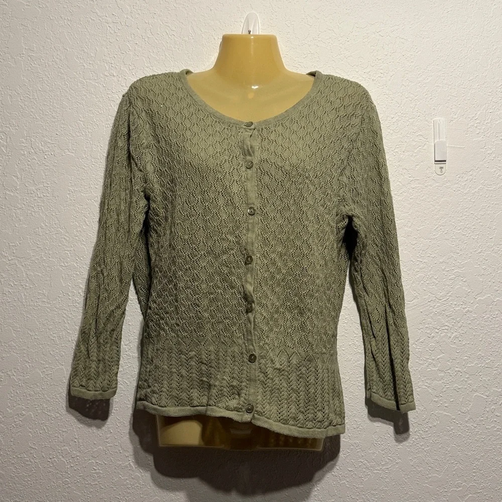 Crystal-Kobe Sage Green Textured Cardigan Lightweight XL 3/4 Sleeve Knit Sweater